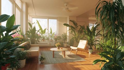 Sunlit plant-filled living room featuring scandinavian minimal furniture and biophilic design