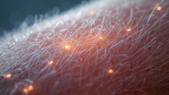 Glowing microfiber field showing pale filaments and orange bioluminescent sparks