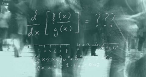 Chalk math equations overlayed on blurred urban crowd scene