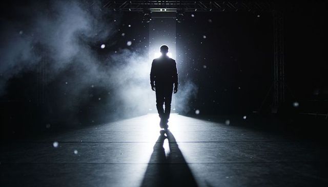Walking silhouette moving toward blinding backlight on smoky stage with long shadow