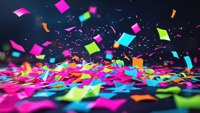 Vibrant neon confetti explosion on reflective surface