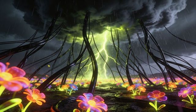 Crackling Neon-Green Lightning Column Linking Black Tendrils Over Bioluminescent Flower Field