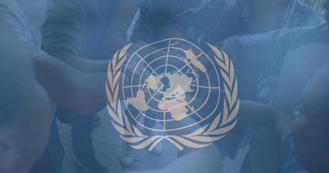 United nations symbol with diverse multicultural teens highlighting global cooperation