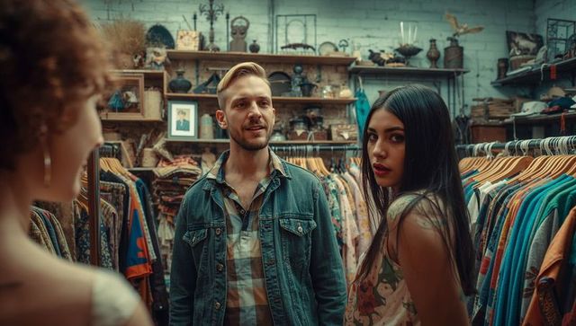 Friends Exploring Eclectic Vintage Boutique with Styled Racks