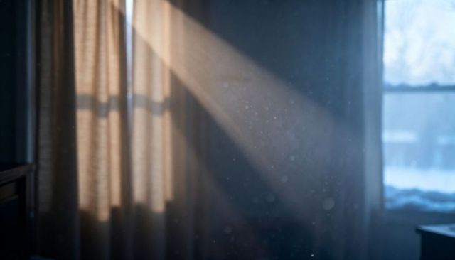 Sunbeam cutting through bedroom curtains revealing floating dust motes and morning light
