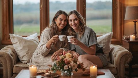 Cozy candlelit tea moment between two friends on sofa in countryside living room