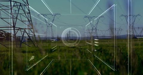 High-voltage transmission towers in grassy corridor with digital HUD reticle overlay