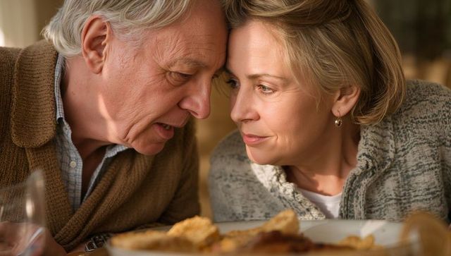 Elderly couple leaning close sharing intimate whisper at breakfast table in warm light