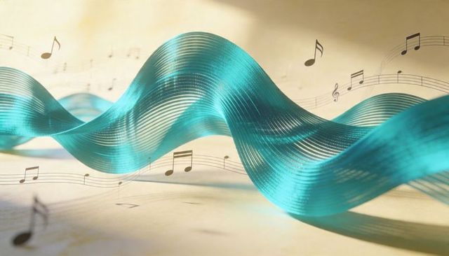 Flowing turquoise ribbon weaving above sheet music with floating musical notes, abstract