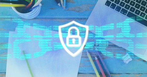 Cyber security icon over office workspace for business safety