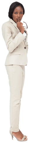 Businesswoman in beige suit biting glasses on transparent background