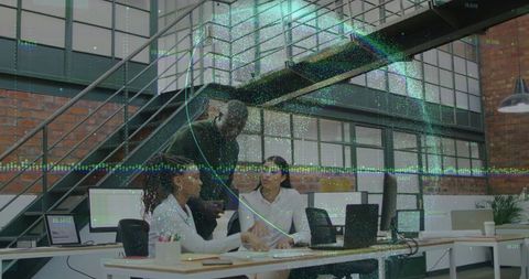 Team Brainstorming Digital Overlay in Modern Loft Office