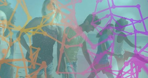 Friends on beach with colorful abstract network graphics