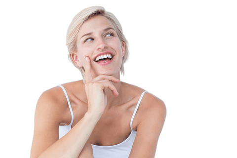Excited Blonde Woman Laughing with a Thoughtful Expression