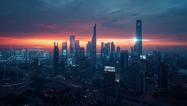 Futuristic dusk skyline: neon skyscrapers, slender spire, elevated highway and holograms