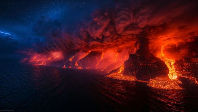 Dramatic Lava Flow Down Volcanic Cliffs Illuminating Night Ocean