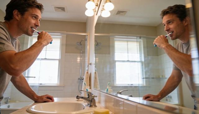 Man brushing teeth in bathroom mirror during morning routine, grooming, natural light reflection