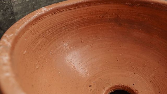 Terracotta planter interior showing wheel-thrown rings and drainage hole, macro texture
