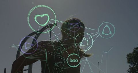 Silhouetted athlete holding pull-up bar with futuristic social network overlay