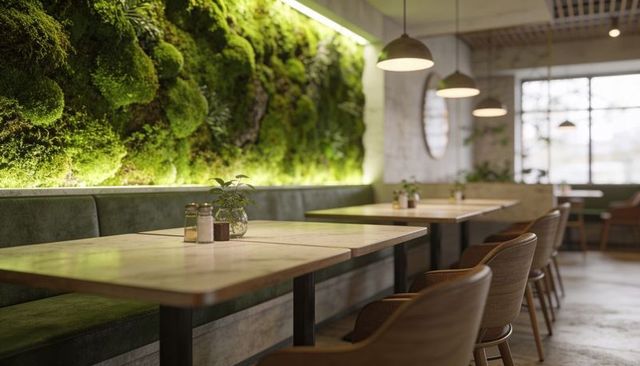 Modern cafe interior featuring moss wall, wooden tables and biophilic green design