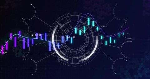 Neon HUD finance interface displaying holographic candlestick charts and circular data