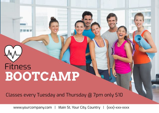 Group of diverse individuals in a fitness bootcamp, smiling and holding yoga mats, encourages health and unity. Useful for promoting fitness programs, gym memberships, community health events and wellness initiatives. Ideal for social media ads, fitness center promotions, and health magazines.
