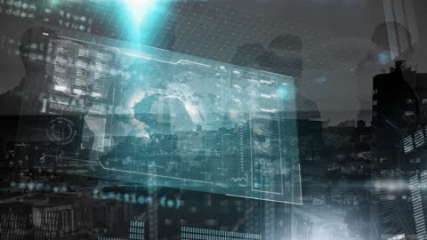 Futuristic Digital Interface Displaying Data Visualizations in Urban Environment