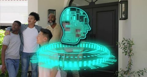 Multigenerational Men Watching Teal Holographic Head Ring Above Suburban Front Entrance