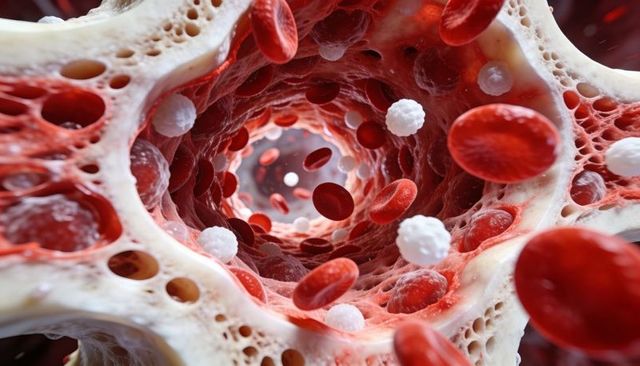 Spongy bone marrow flowing with red and white blood cells through trabecular network