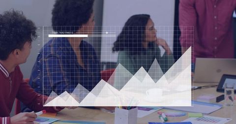 Business team presenting data with digital chart overlay during collaborative meeting