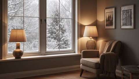 Cozy armchair basking in warm lamp glow beside snowy window with knit throw and framed art