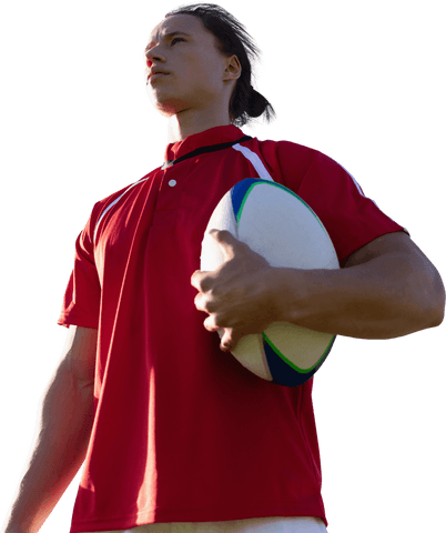 Confident caucasian rugby player holding ball transparent background