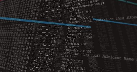 Displaying terminal hex dump and network diagnostics on dim control console with cyan glow