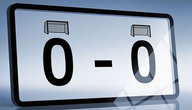 Minimalist soccer scoreboard mockup showing 0-0 with goal icons and glossy reflection