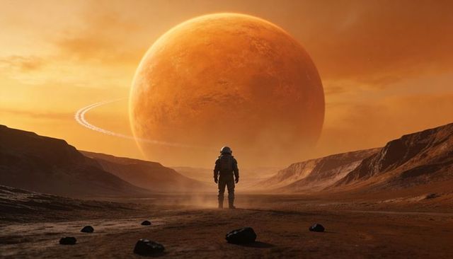Astronaut standing in martian canyon under giant ringed orange planet, dusty alien expedition