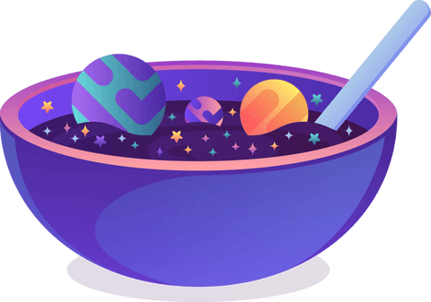 Transparent cosmic bowl with vivid planets and stars