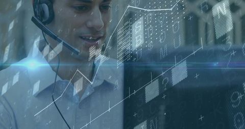 Businessman in Headset Analyzing Financial Data Digitally