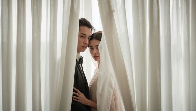 Intimate wedding couple peeking through off-white curtains wearing tuxedo and pale gown