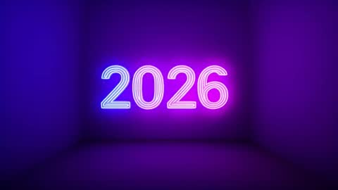 2026 Neon Countdown Animation Glitching in Purple Corner with Cyan Magenta Glow