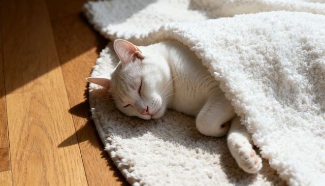 Cream cat sleeping under sherpa blanket on sunlit hardwood floor