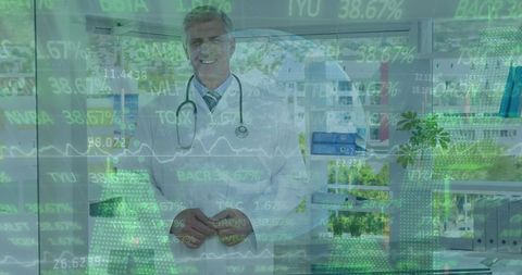 Caucasian Doctor with Futuristic Data Overlay