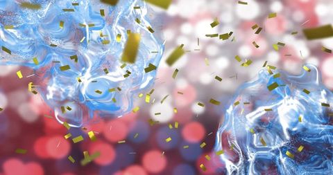 Glassy blue blobs floating with gold confetti and red bokeh lights for festive abstract background