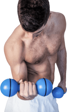 Shirtless man lifting blue dumbbells with transparent background