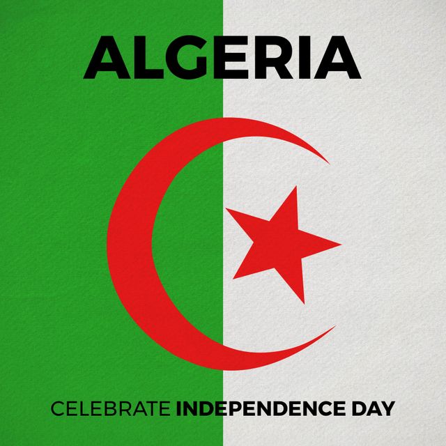 Illustration celebrating Algeria Independence Day featuring the national flag with its iconic crescent and star emblem. Green, white, and red colors symbolize Algerian pride and heritage. Ideal for Independence Day events, educational materials, and social media posts promoting cultural significance.