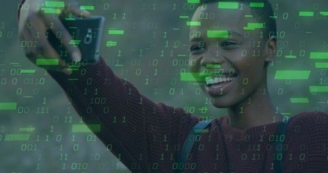 Smiling Woman Taking Selfie with Binary Code Overlay Outdoor
