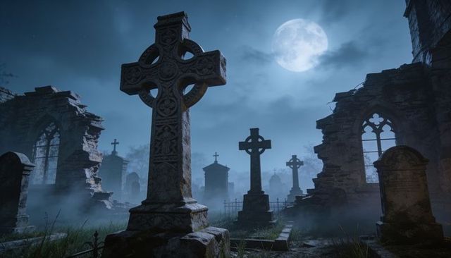 Moonlight casting on carved celtic cross in foggy ruined churchyard at night