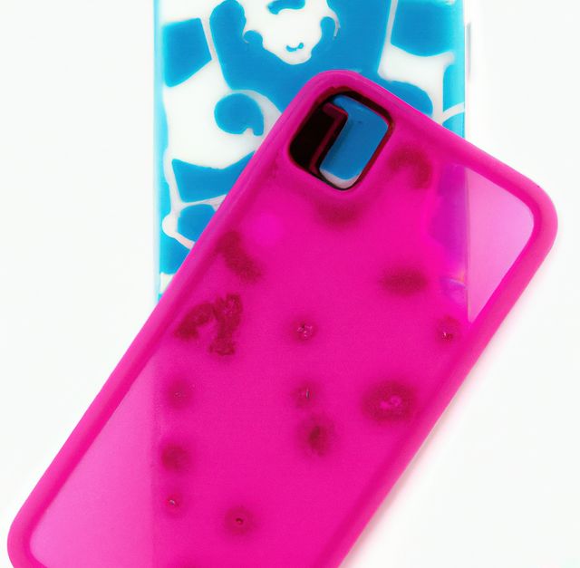 Close up of pink and blue phone cases with pattern on white background. Phone accessories, design and protection.