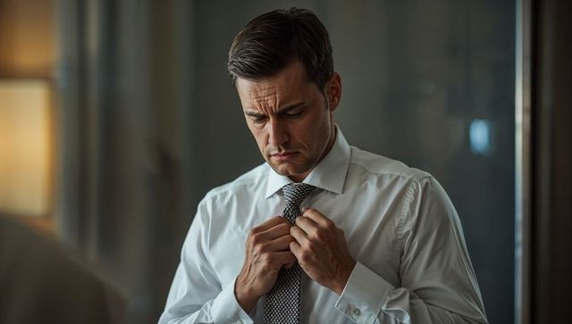 Businessman Adjusting Patterned Tie While Preparing for Meeting, Showing Focused Concern