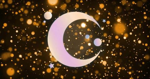 Lavender crescent moon floating among golden bokeh lights, dreamy celestial minimalist