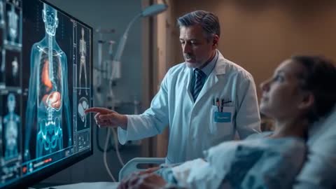 Senior doctor pointing at on-screen anatomy scans while explaining diagnostic results to patient